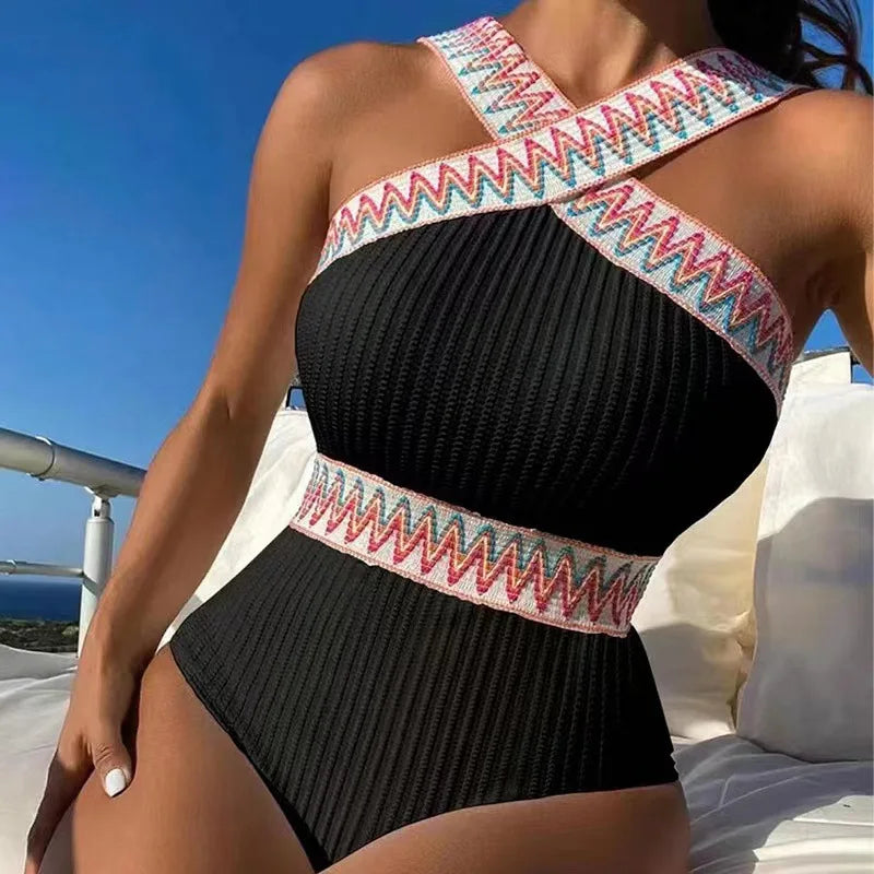 Striped Ribbon Swimsuit (Knitted)