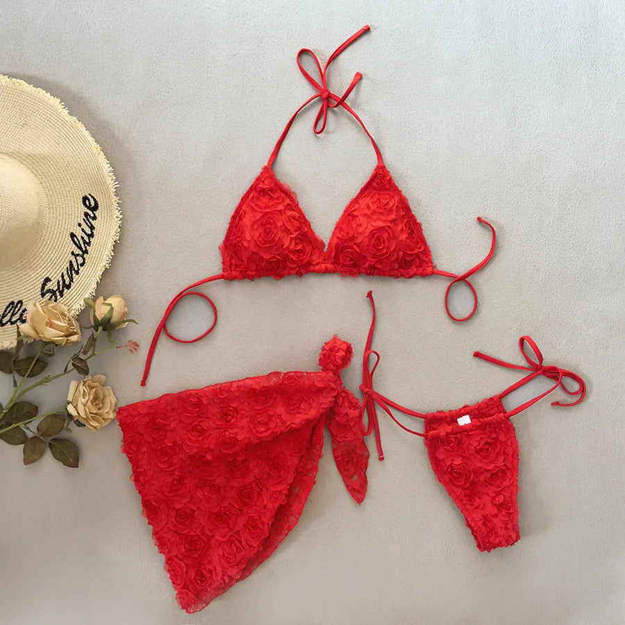 3-Piece 3D Flower Triangle Bikini Set with Tummy Control