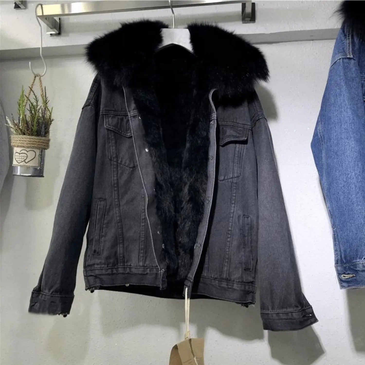 Women Coat Fur Lined Denim Jacket