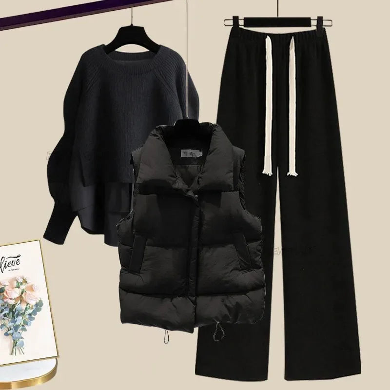 Women’s Three-Piece Thick Knit Sweater and Loose Pant Set