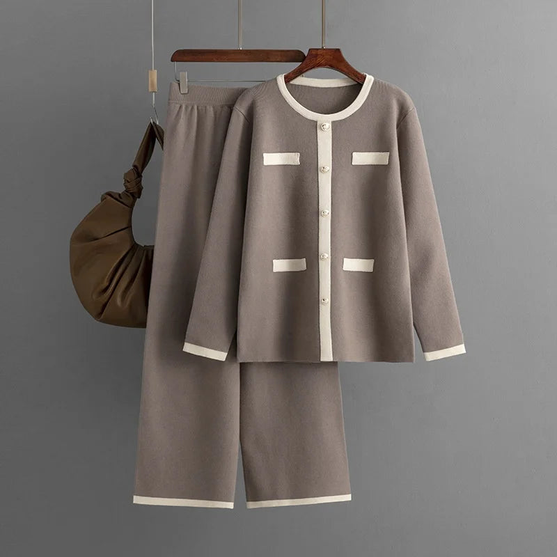 Women set  Long Sleeve Top High Waist Wide Leg Knitted Trousers for winter season