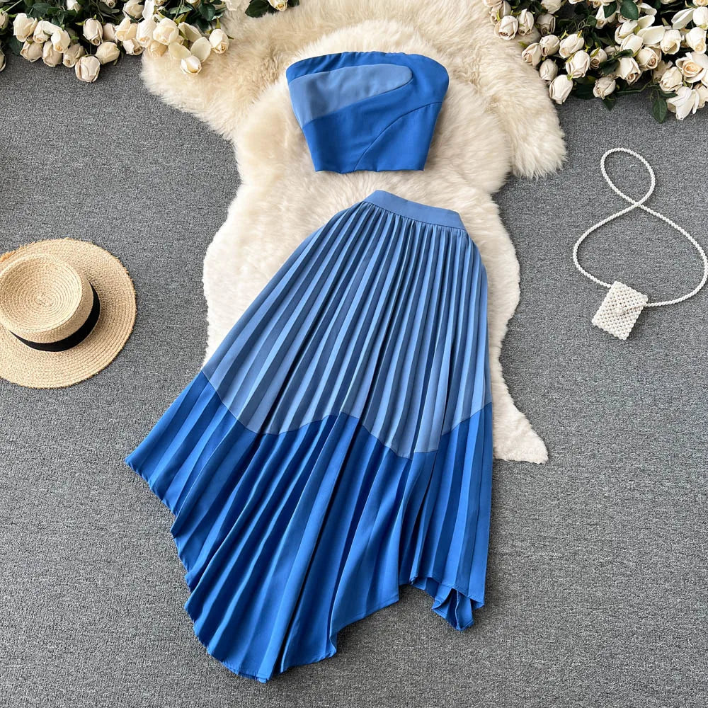 Women's Bra Top & Irregular Pleated Skirt Suit
