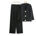 Women Row Metal Button Cardigan Top Wide Leg Pants set for winter season