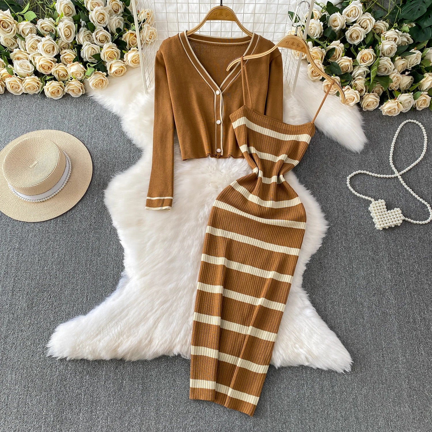 Women V-neck Pearl Button Short Knit Jacket set dress for winter season