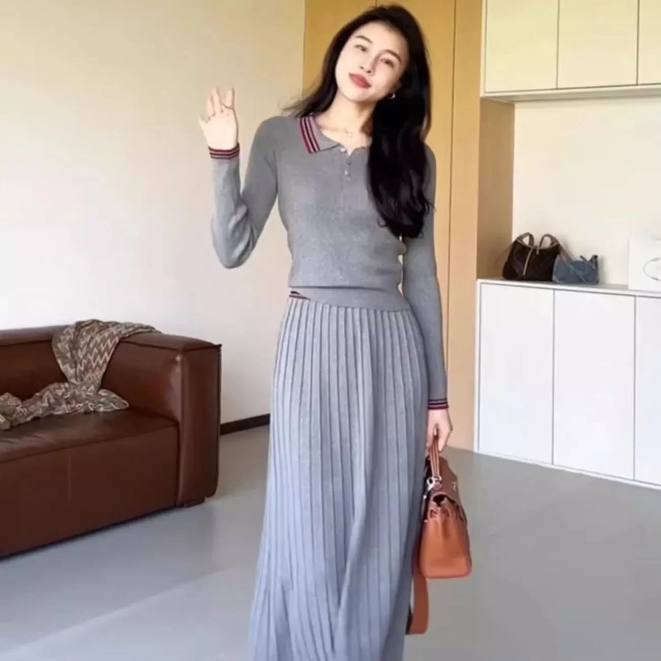 Women’s Two-Piece French Slim Knitted Pullover and Skirt Set