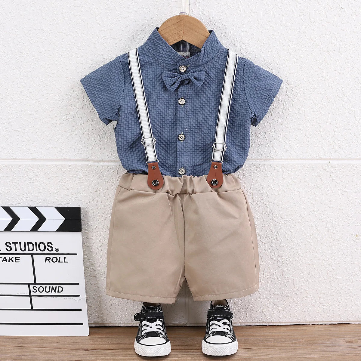 Boys' Summer Short-Sleeved Bow Tie Bib Shorts Suit