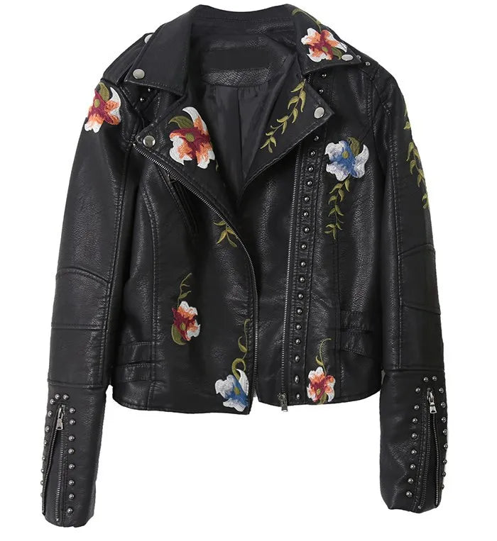 Women Elegant Embroidered Pu Leather Jacket for winter season