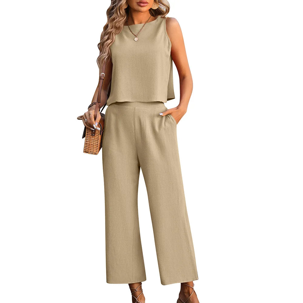 Women’s Summer 2-Piece Linen Crop Top & Track Pants Set