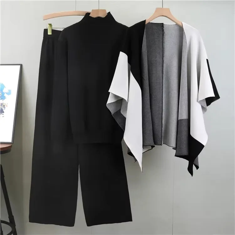 Women’s Three-Piece Knitted Cardigan and Wide-Leg Pants Set