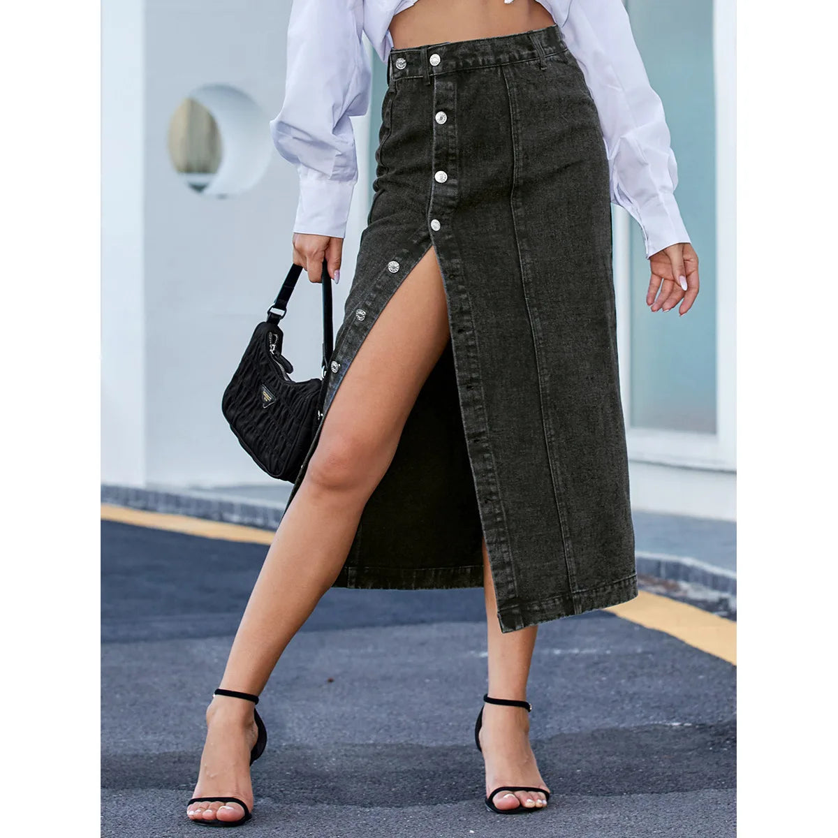 Button's High Waist Denim Skirt