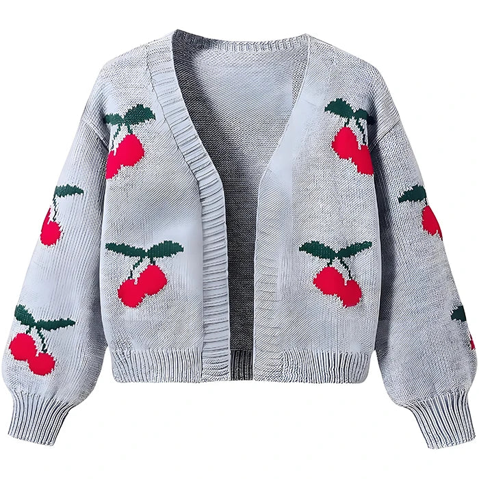 Women’s V-Neck Cherry Pattern Knitted Cardigan