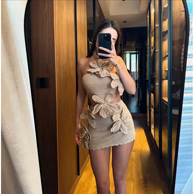 Strapless Mini Dress with 3D Flower Details