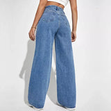 Women's High-Waist Washed Blue Wide-Leg Jeans