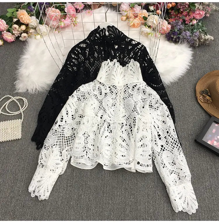 Hollow Lace Retro Lantern Sleeves Women's Top