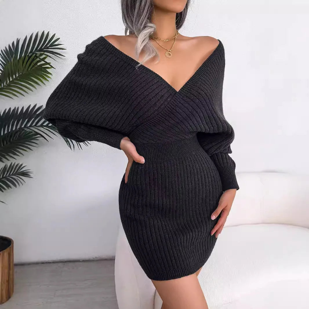 Women’s Crossover V-Neck Knit Sweater Dress