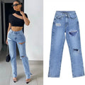 Women'S High Waist Straight-Leg Denim Trousers Ripped Jeans