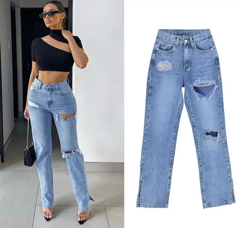 Women'S High Waist Straight-Leg Denim Trousers Ripped Jeans
