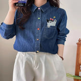 Women’s Fun Cat Embroidery Denim Long Sleeve Shirt