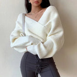 Women’s Sexy One-Shoulder Cross V-Neck Knit Sweater