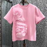3D Floral Short-Sleeved Cotton Tee
