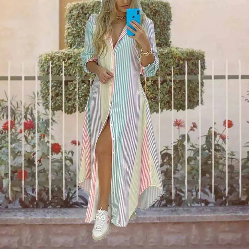 Summer Fashion Elegant Women's Button Shirt Long Skirt Women's Casual Dresses Floral Dress