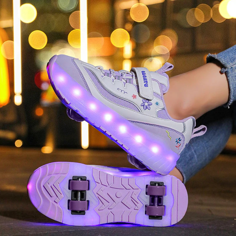 USB Rechargeable LED 4-Wheel Kick Roller Skate Shoes
