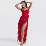 High Split Ruffle Strap Long Maxi Dress