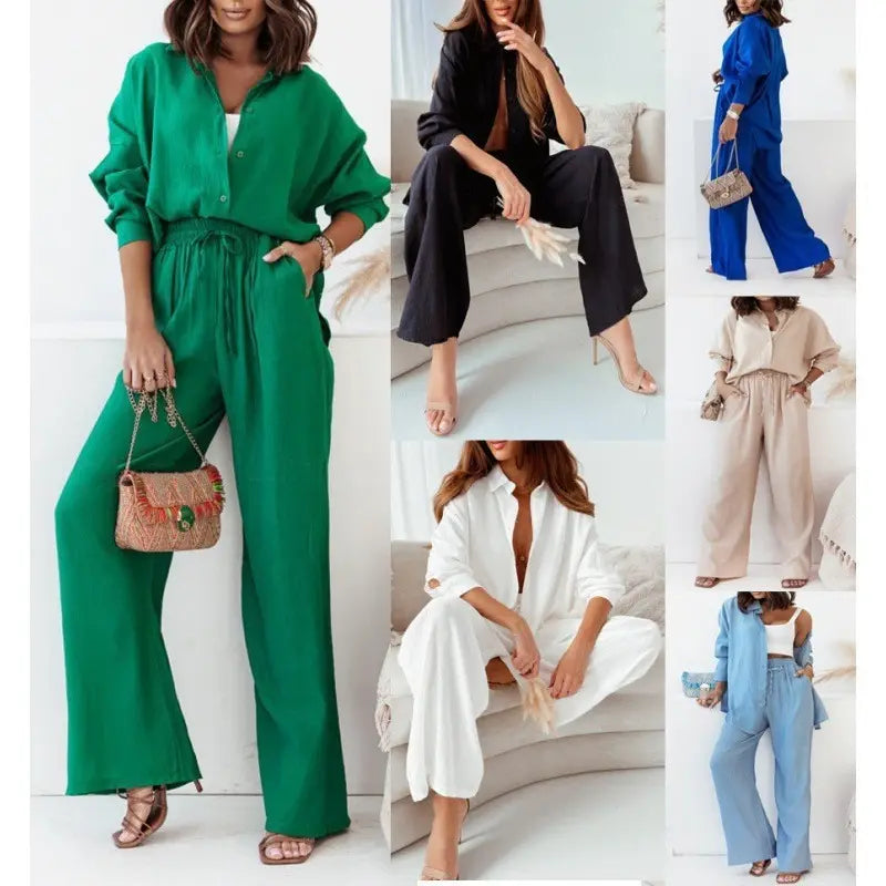Women's Loose Long-Sleeve Shirt & Wide-Leg Pants Set