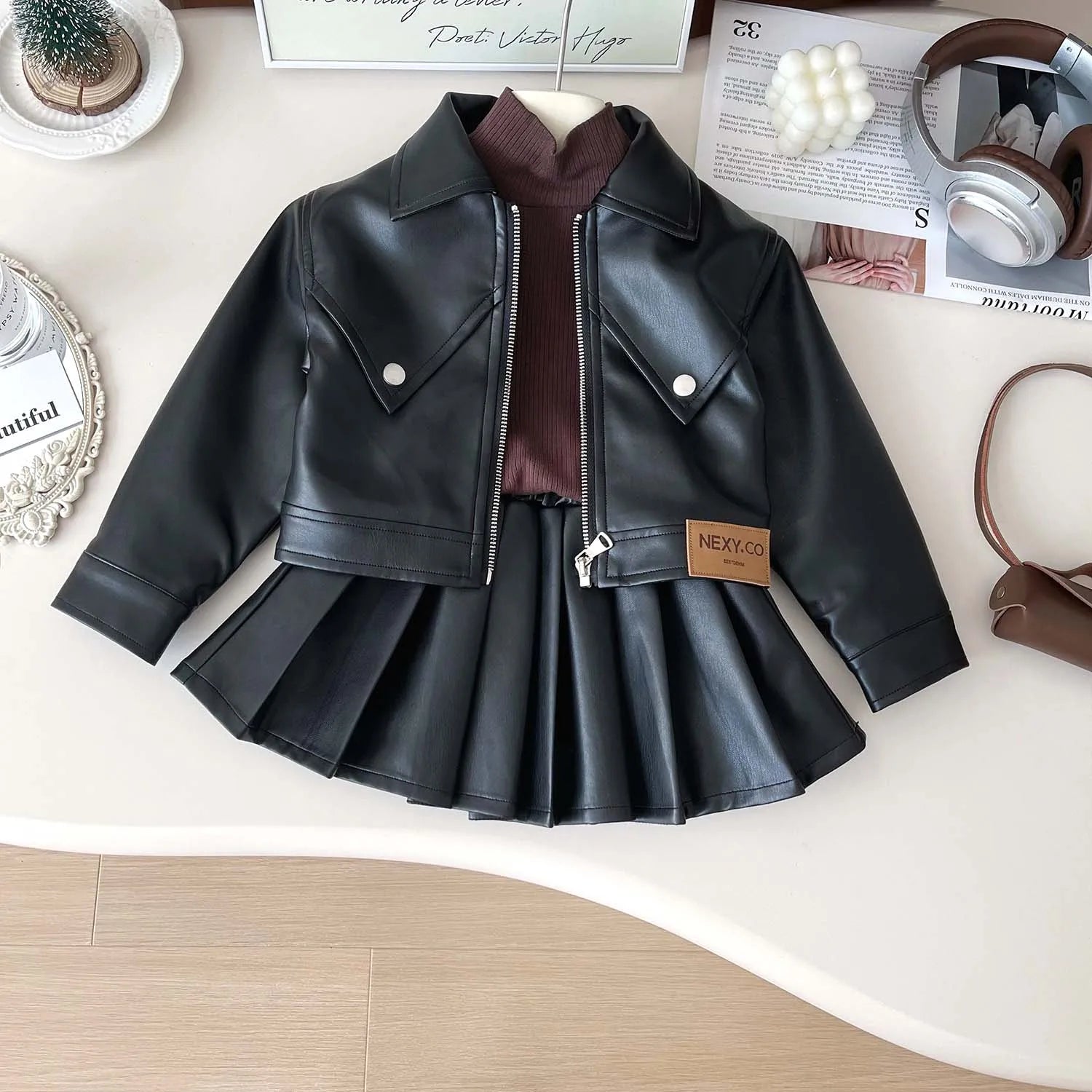Girls’ PU Leather Jacket and Skirt Set