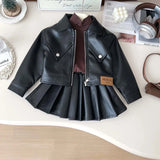 Girls’ PU Leather Jacket and Skirt Set