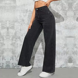 Women's High-Waist Washed Blue Wide-Leg Jeans
