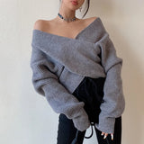 Women’s Sexy One-Shoulder Cross V-Neck Knit Sweater