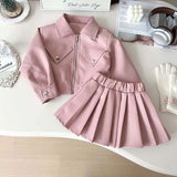 Girls’ PU Leather Jacket and Skirt Set