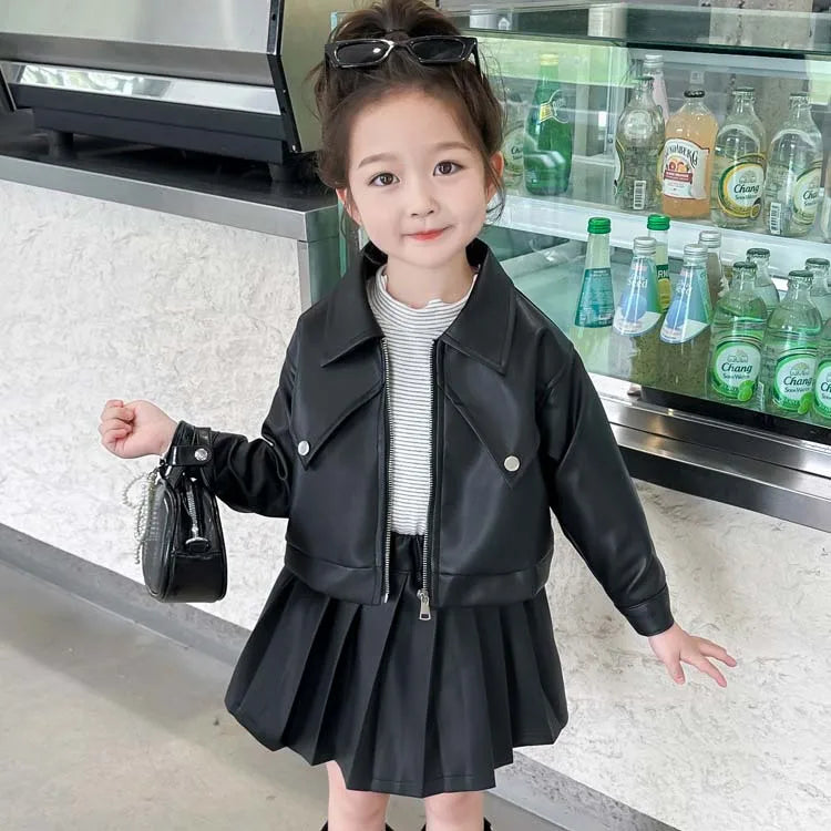 Girls’ PU Leather Jacket and Skirt Set