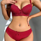 New Fashion Underwear Set Comfortable Gathering With Steel Ring Adjustment Lace Burgundy 2 Pcs Lingerie Women