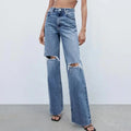 High-Waist Ripped Flare Denim Trousers