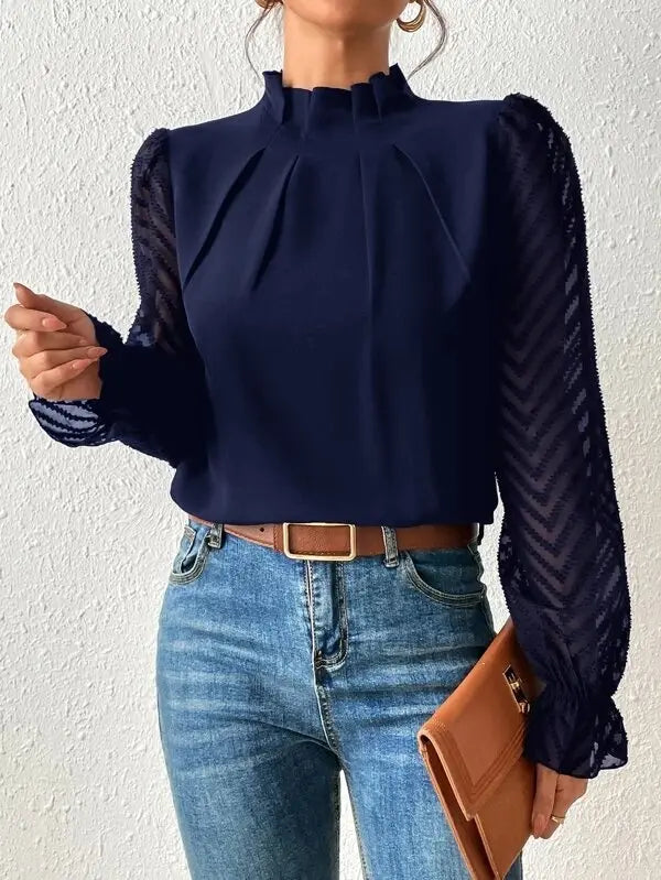 Half-High Neck Wavy Chiffon Blouse