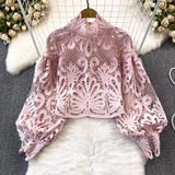 Hollow Lace Retro Lantern Sleeves Women's Top