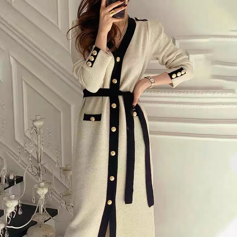 Women’s Retro French-Style Knit Midi Dress