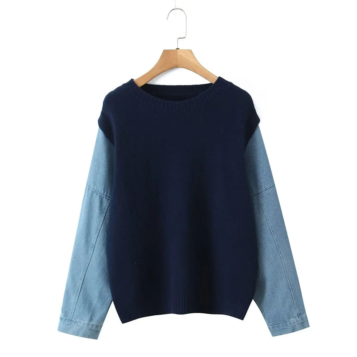 Women’s Denim Sleeve Knitted Pullover Sweater
