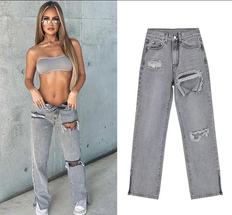 Women'S High Waist Straight-Leg Denim Trousers Ripped Jeans
