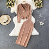 Women’s V-Neck Knit Cardigan & High-Waist Skirt Set