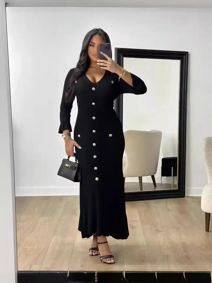 Long Slim V-Neck Pleated Dress