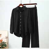 Women's Loose Long-Sleeve Shirt & Wide-Leg Pants Set