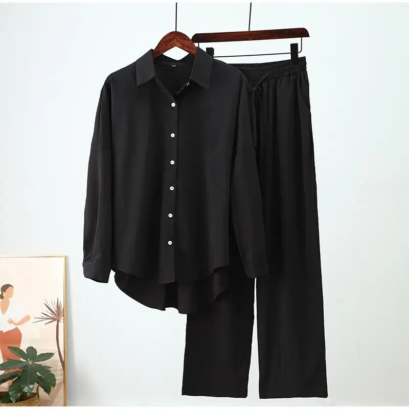 Women's Loose Long-Sleeve Shirt & Wide-Leg Pants Set