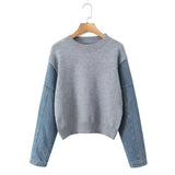 Women’s Denim Sleeve Knitted Pullover Sweater