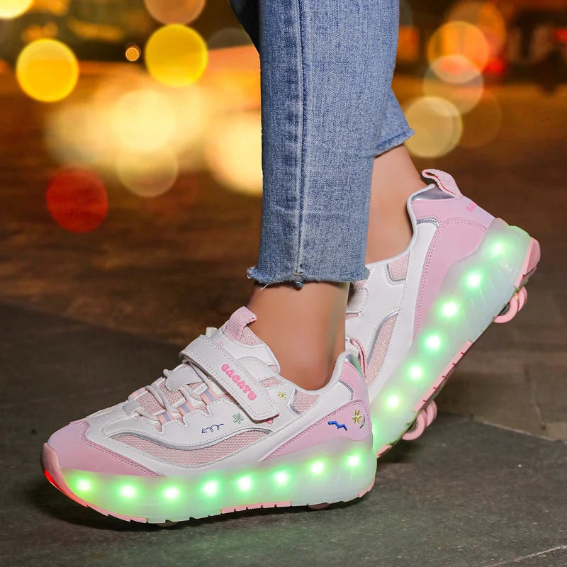 USB Rechargeable LED 4-Wheel Kick Roller Skate Shoes