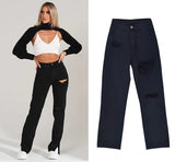 Women'S High Waist Straight-Leg Denim Trousers Ripped Jeans