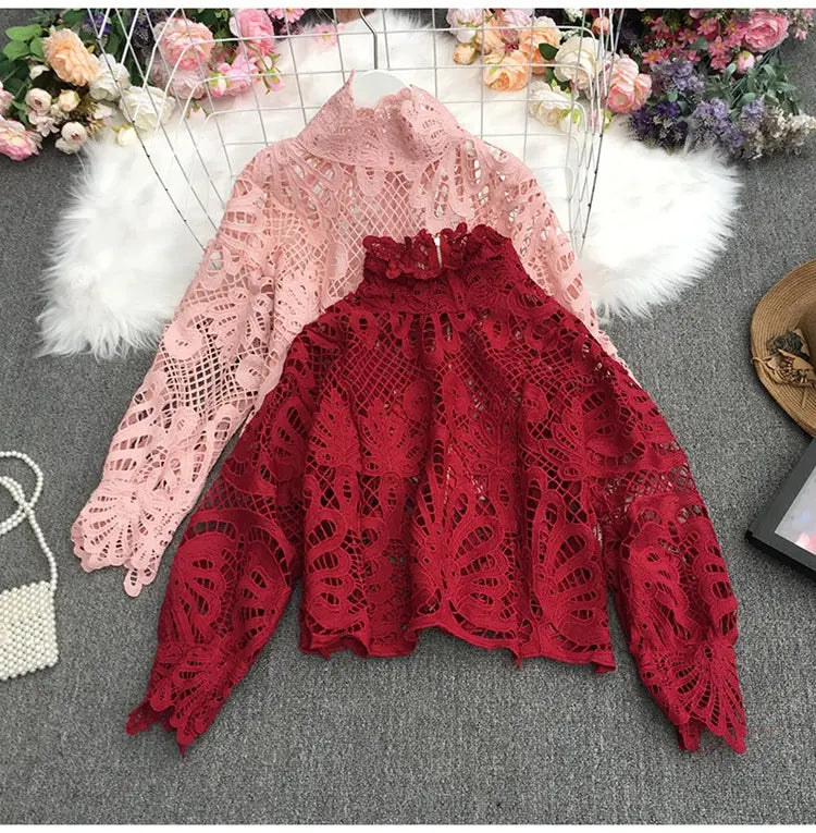Hollow Lace Retro Lantern Sleeves Women's Top