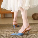 Stylish Women's Point Toe Heel Shoes Hard-Wearing and On-Trend Slip-On Denim Cloth with Heel Ladies Heel Shoes
